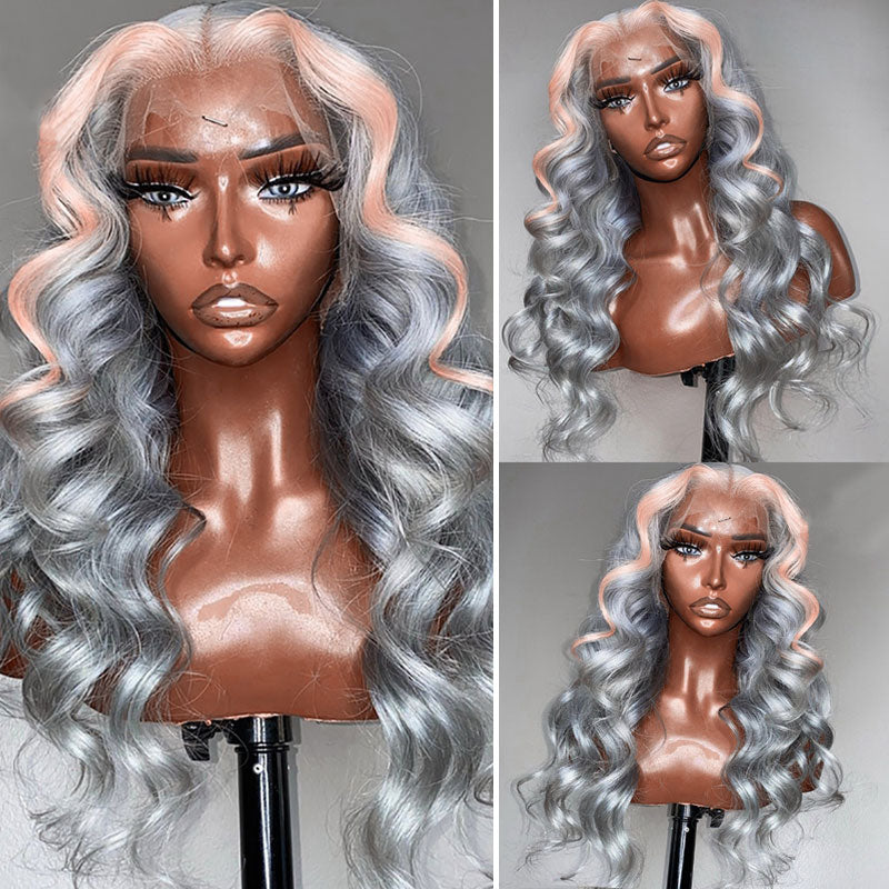 SULMY Silver Human Hair Wig With Pink Streak In Front