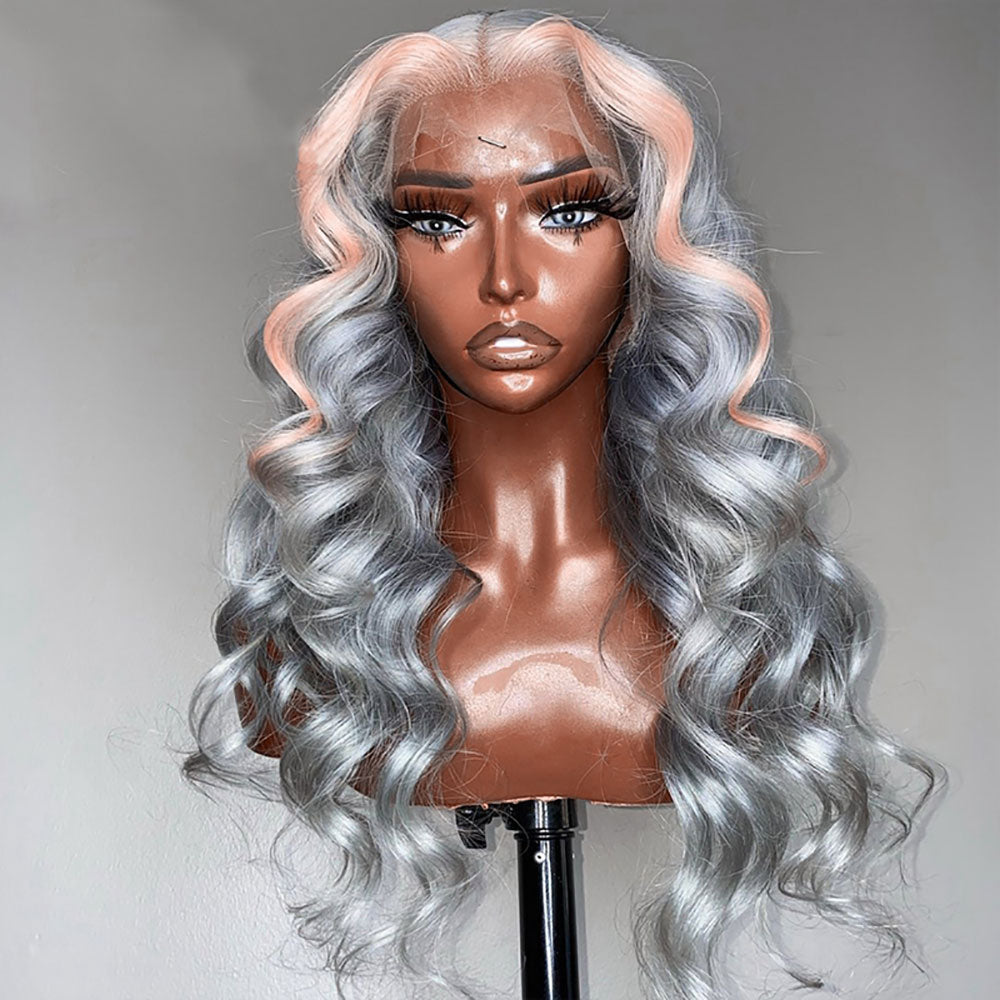 SULMY Silver Human Hair Wig With Pink Streak In Front
