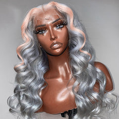 SULMY Silver Human Hair Wig With Pink Streak In Front